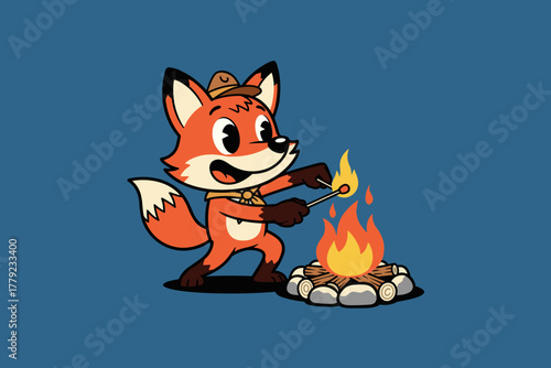 Cute cartoon fox lighting a campfire with a match.