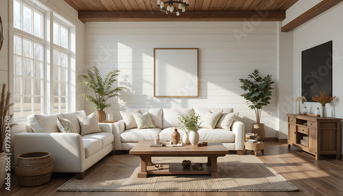 “Modern farmhouse living room with shiplap walls, cozy white sofa, rustic wooden coffee table, natural sunlight, woven textures, warm family atmosphere, HD photorealistic interior.”
