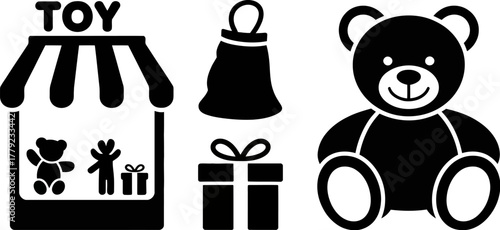 Whimsical collection of toys including a teddy bear, toy store, gift, and bell