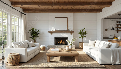 “Modern farmhouse living room with shiplap walls, cozy white sofa, rustic wooden coffee table, natural sunlight, woven textures, warm family atmosphere, HD photorealistic interior.”
