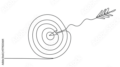 minimalist line art of target with arrow hitting bullseye, symbolizing precision, achievement, goal setting, and strategic success