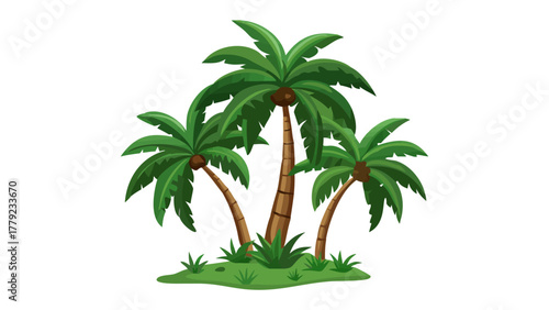 Tropical Trio: Lush green palm trees stand tall on a patch of emerald ground. the tranquil scene evokes a sense of tropical bliss, transporting viewers to a serene island getaway.