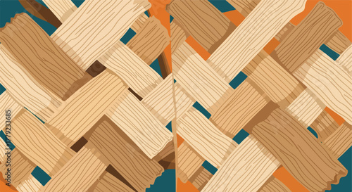 Abstract woven wooden pattern with teal and orange accents