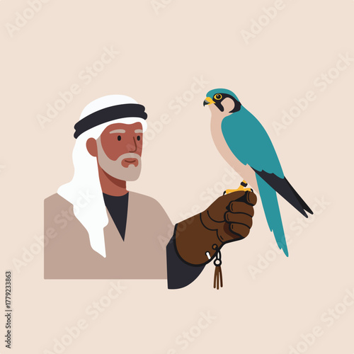Illustration of a man in traditional attire with a falcon on his gloved hand against a neutral background