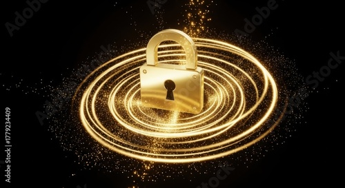 Golden Padlock Security: Glowing Gold Padlock Icon Surrounded by Sparkling Circles on a Black Background for Premium Protection and Digital Safety