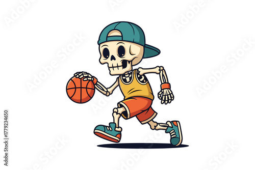 Cool Skeleton Basketball Player Dribbling Ball Cartoon Illustrat