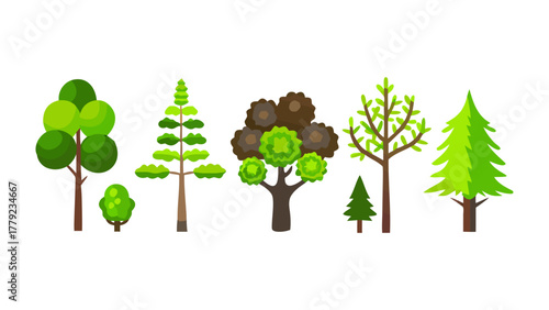 Diversity of Botanical Life: A vibrant illustration showcasing a collection of diverse trees, each uniquely shaped and adorned with lush foliage. 