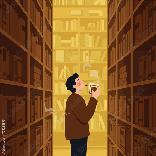 A person in a library, smelling a pipe, framed by bookshelves. Soft lighting and warm hues