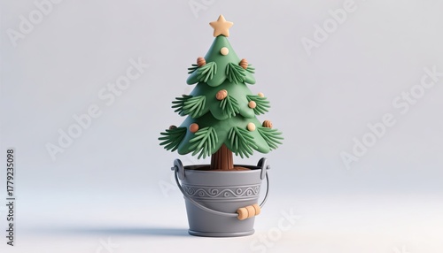 Small decorated christmas tree in a rustic pot isolated on white background