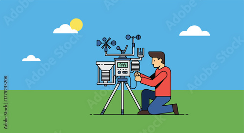 Weather Station. Meteorologist working with a weather instrument on a green field