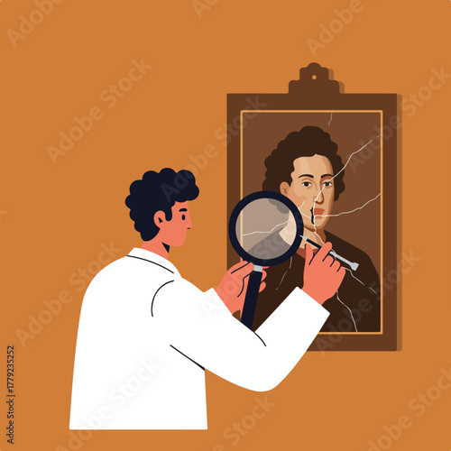 An individual in a white coat examines a cracked portrait with a magnifying glass, brown background