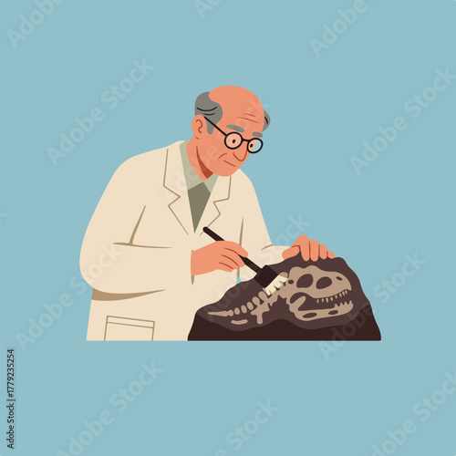 An elderly paleontologist, in a white lab coat, carefully brushes dust from a dinosaur fossil on a blue backdrop