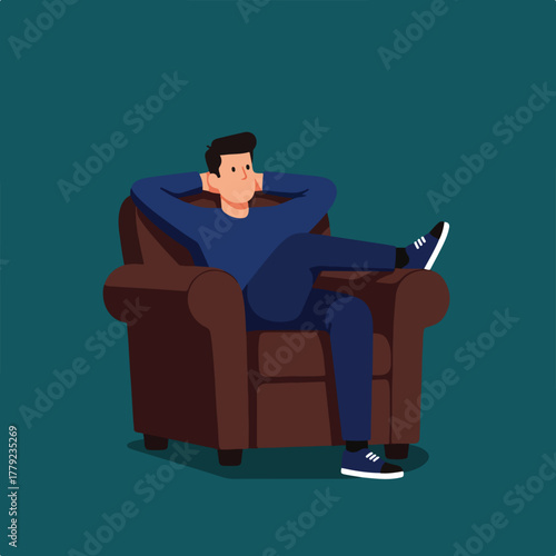 A person in a blue outfit relaxes in a brown armchair, hands behind head, legs crossed, on a teal background