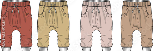 Collection of four children's jogger pants in various earthy tones with drawstring and ribbed cuffs