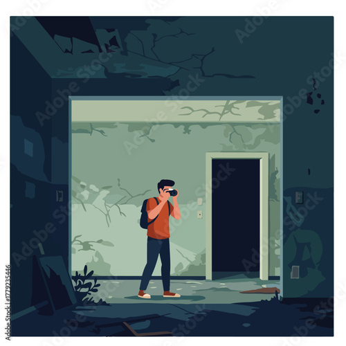 A person photographs a dilapidated room, cracks on the ceiling, a door in the background. Illustrative style
