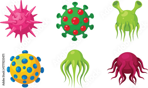 Cartoon microorganism and virus set with colorful shapes and tentacles, vector illustration for biology, health, and science fiction concept