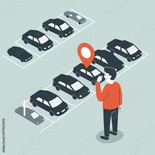 Isometric illustration depicts a person searching for a parking spot marked by a location pin in a full car park
