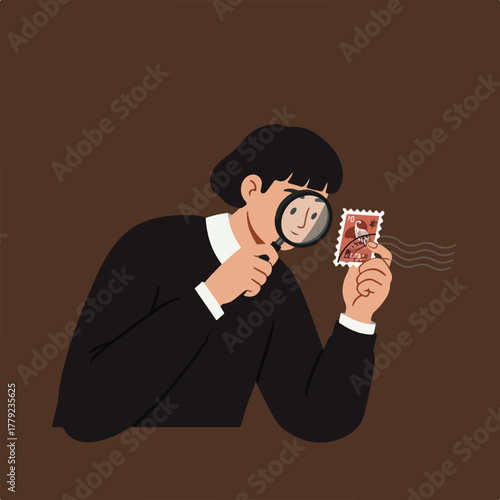 Person examines a stamp with a magnifying glass, brown background. Features illustration style