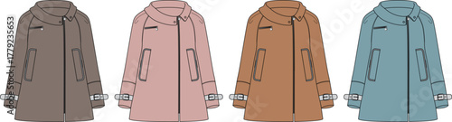 Four fashionable coats in muted tones of brown, blush pink, tan, and light blue displayed side by side, showcasing their unique designs and styles