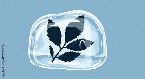 Dark plant enclosed in clear ice
