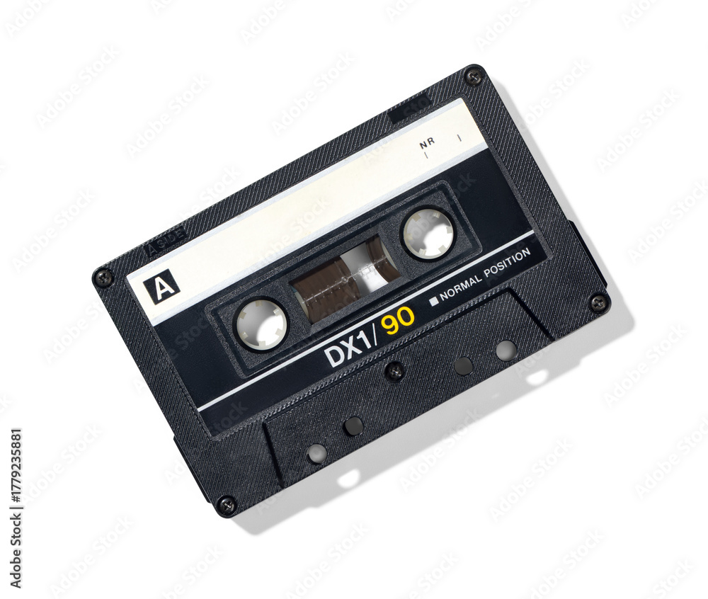 Fototapeta premium Compact audio cassette, top view, isolated on transparent background. Retro nostalgia concept, vintage analog music technology, 1980s style