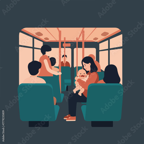 Illustration depicting a bus interior with several passengers, including a mother comforting a crying baby