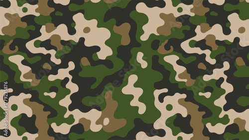 Seamless camouflage pattern in green, brown, and beige for military use