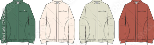 Vector Illustration of Four Bomber Jackets in Various Colors for Fashion Design