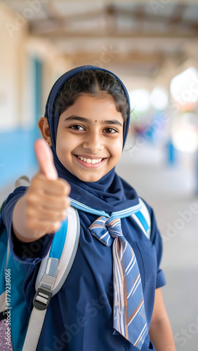 Happy young Muslim schoolgirl in uniform gives a thumbs up gesture.