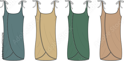 Four different styles of loose-fitting, knee-length dresses with tie straps and button details