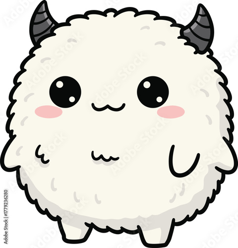Cute fluffy cartoon monster with horns, adorable smiling character, kawaii creature design, funny white furry mascot for kids and illustration