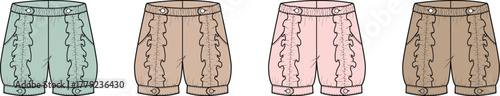 Set of vintage ruffled bloomer pants fashion flat technical sketches. A collection of costume design templates in various pastel colorways