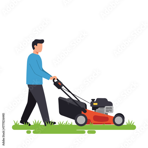 An illustrated depiction of a person mowing a lawn with a red and black lawnmower on grass against a white backdrop