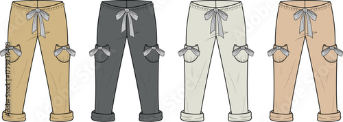 Variations of Stylish Casual Pants with Bows, Pockets, and Cuffed Hemlines for Fashion Designs