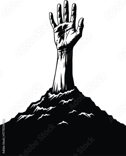 Emerging Hand Reaching out from Ground Silhouette on Checkered Backdrop Symbolizing Struggle  Hope in Design