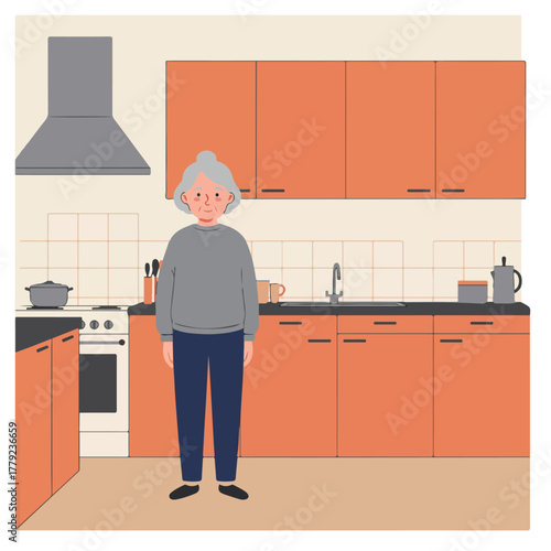 An elderly woman stands in a retro, stylized kitchen, with orange cabinets, stove, and a range hood