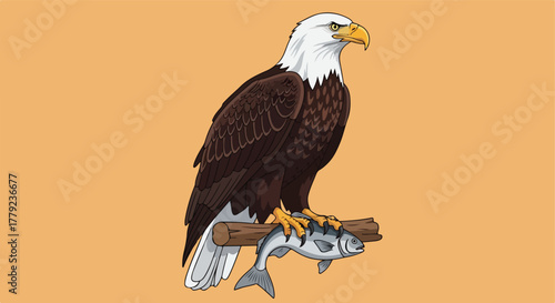An eagle perches on a branch, gripping a fish on a tan background