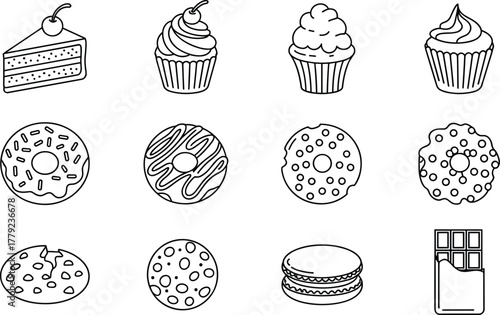 Delicious bakery dessert icons collection with cake, cupcake, donut, cookie, macaron, chocolate bar outline vector illustration for food design