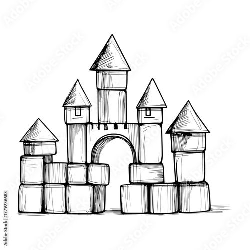 Hand-Drawn Kids Toy Castle Vector Illustration – Wooden Blocks Sketch