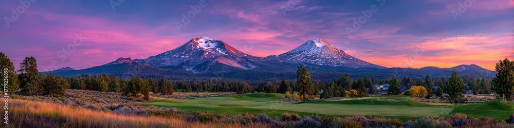 Fototapeta premium Mt Bachelor Oregon Sunset Panoramic View: Colorful Landscape in Summer Nature
