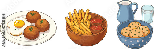 Delicious breakfast meal illustration with fried egg, meatballs, french fries, cookies, milk jug, tasty snack and food concept