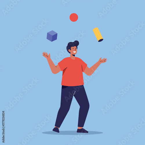 A cartoon man juggles a cube, cylinder, and sphere in the air. He wears a red shirt and navy pants