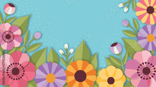 Colorful floral arrangement with paper cut style on a light blue background