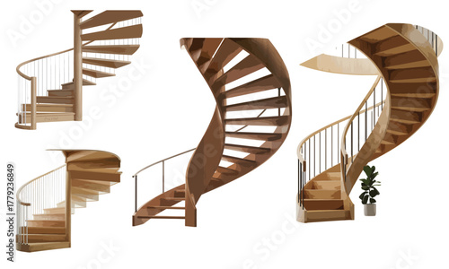 Collection of diverse spiral wooden staircases isolated.