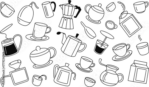 Coffee and tea cups seamless pattern with coffee makers, mugs, teapots, and milk cartons line art illustration design