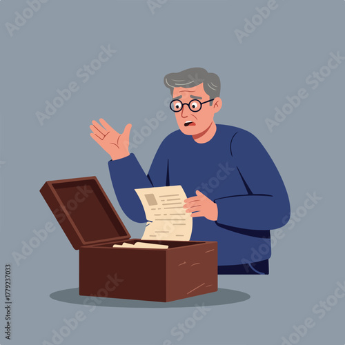 An elderly man, holding a letter, looks surprised while opening a wooden box. He wears glasses and a blue sweater
