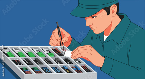 Technician using tweezers on electrical components