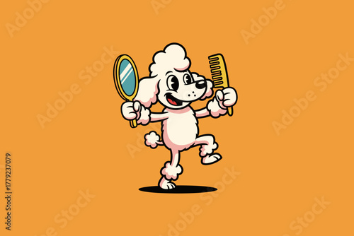 Happy Cartoon Poodle Holding Mirror and Comb Ready for Grooming.