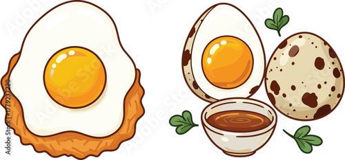 Delicious fried egg and boiled quail egg illustration with sauce bowl, breakfast protein food concept, healthy meal cartoon design