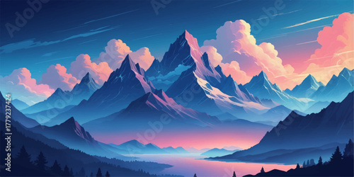 Deep violet gradient mountain range merging into blue sky, modern vector art suitable for wallpapers or presentations.